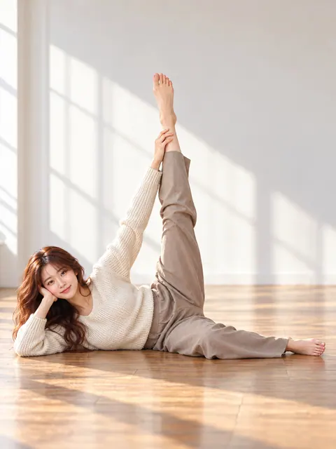 侧卧上侧腿高抬・握住脚踝（正面）真人参考照片