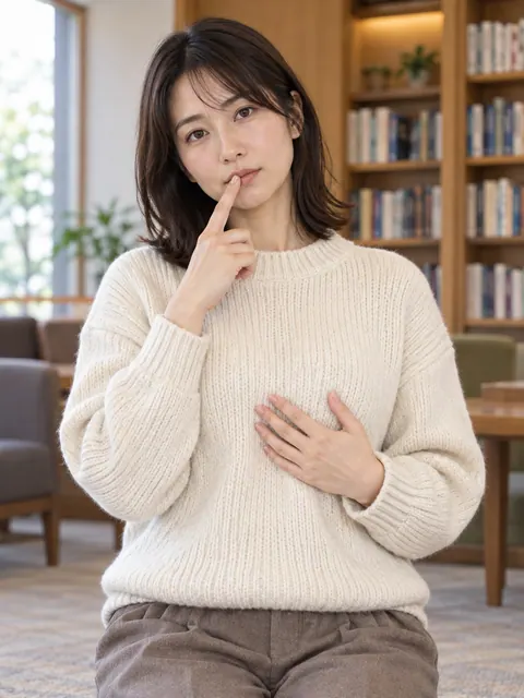 手指抵唇・单手放胸前（正面）真人参考照片