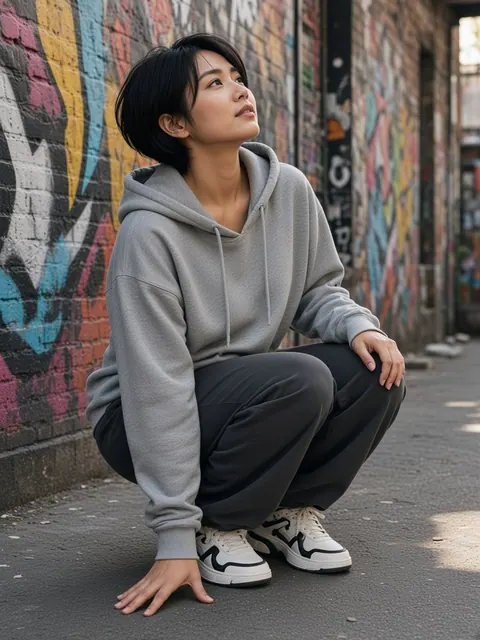 蹲姿・单手撑地（斜侧）真人参考照片