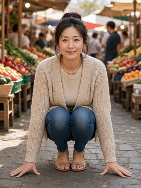 蹲姿・踮脚双手撑地（正面）真人参考照片