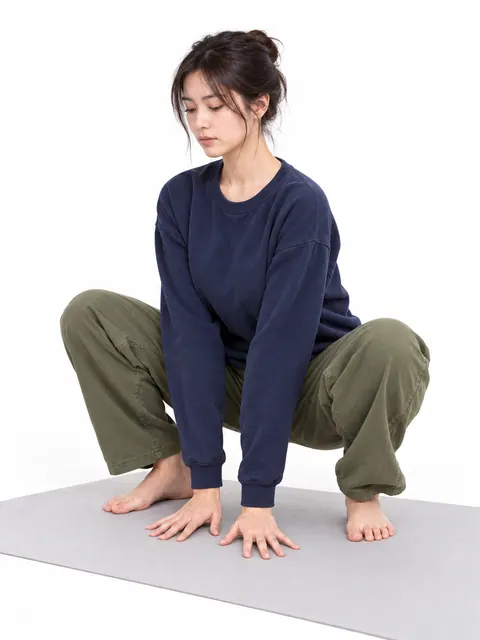 踮脚宽距蹲・双手撑地（斜侧）真人参考照片