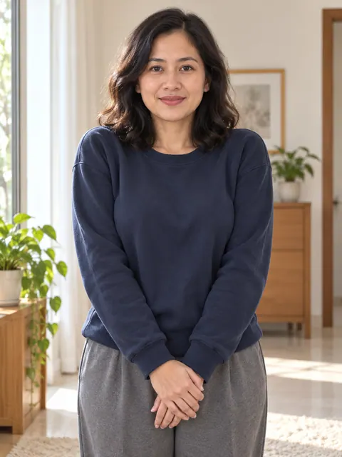 耸肩・双手下方交叠（正面）真人参考照片