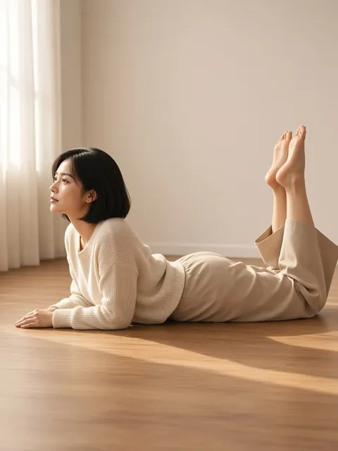 俯卧・双脚翘起（侧面）真人参考照片