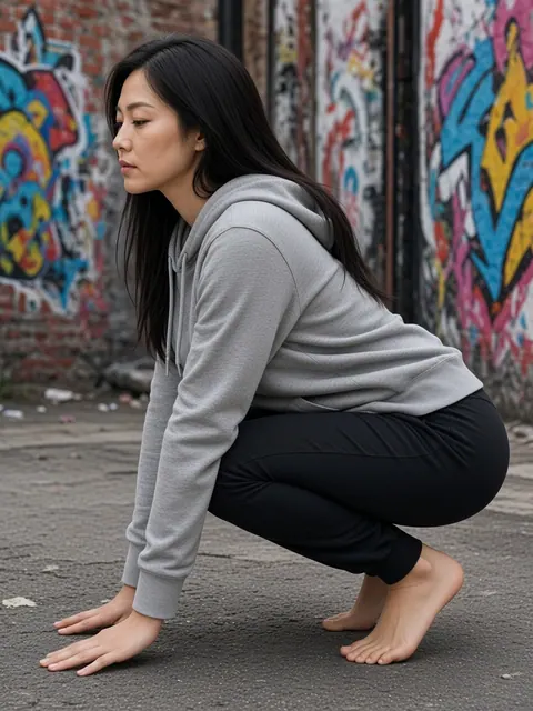 蹲姿・踮脚双手撑地（侧面）真人参考照片