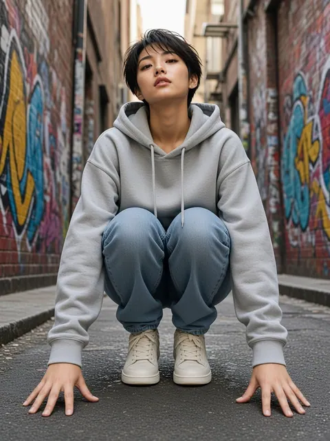 蹲姿・踮脚双手撑地（仰视）真人参考照片