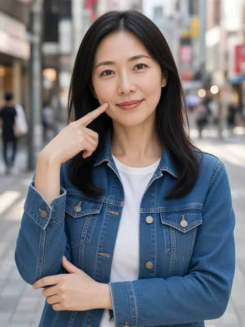 食指戳脸颊（正面）真人参考照片