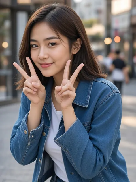 下巴下双手剪刀手（斜侧）真人参考照片