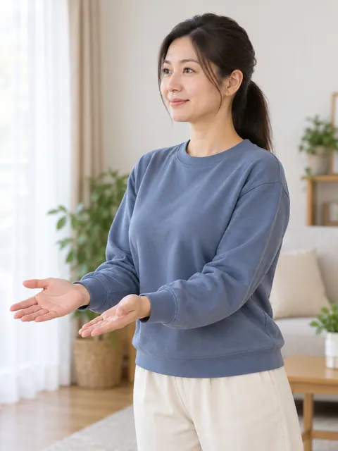 双肘内收・扭腰（斜侧）真人参考照片