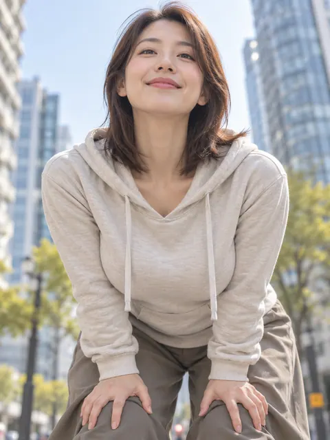雏鸟姿势（双手扶膝）（仰视）真人参考照片
