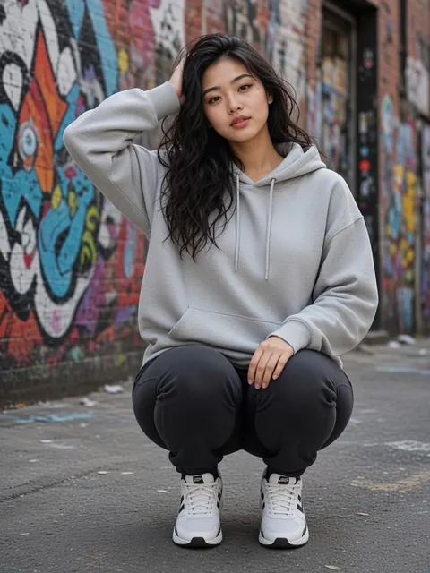 蹲姿・手抚头发（正面）真人参考照片