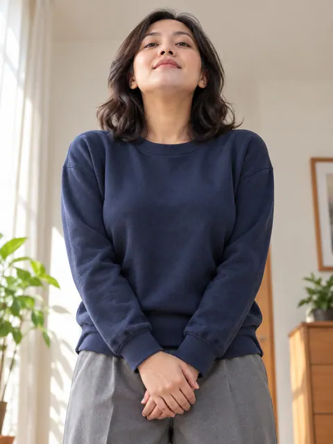 耸肩・双手下方交叠（仰视）真人参考照片