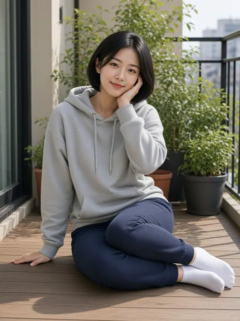 侧坐・手托脸颊（正面）真人参考照片