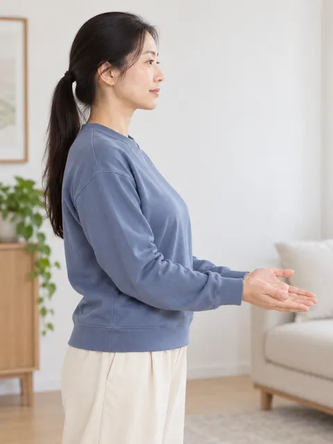 双肘内收・扭腰（侧面）真人参考照片