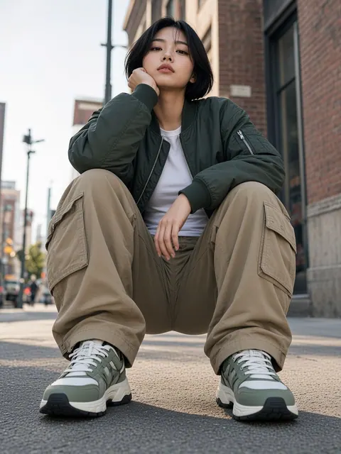蹲姿・托腮（仰视）真人参考照片
