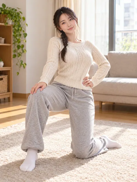 单膝跪立・手放大腿上（正面）真人参考照片