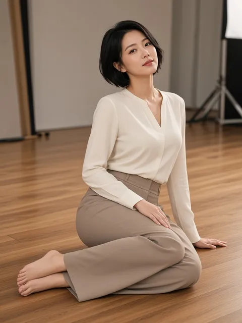 侧坐・双腿向右侧收（斜侧）真人参考照片
