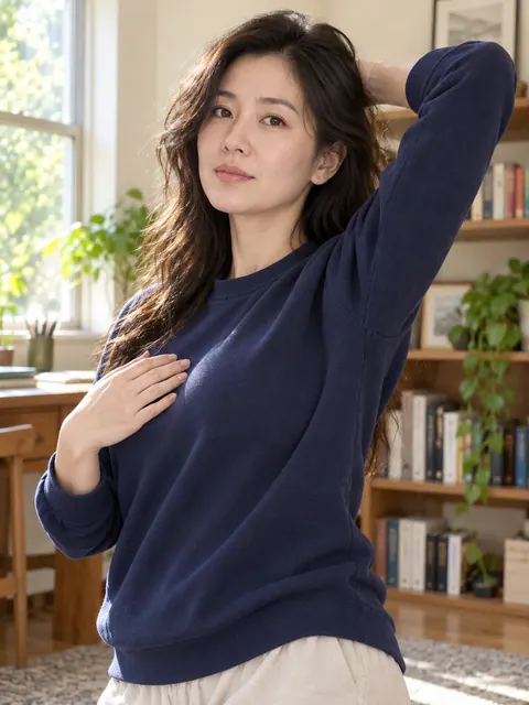 单手放胸前・另一手撩发（斜侧）真人参考照片
