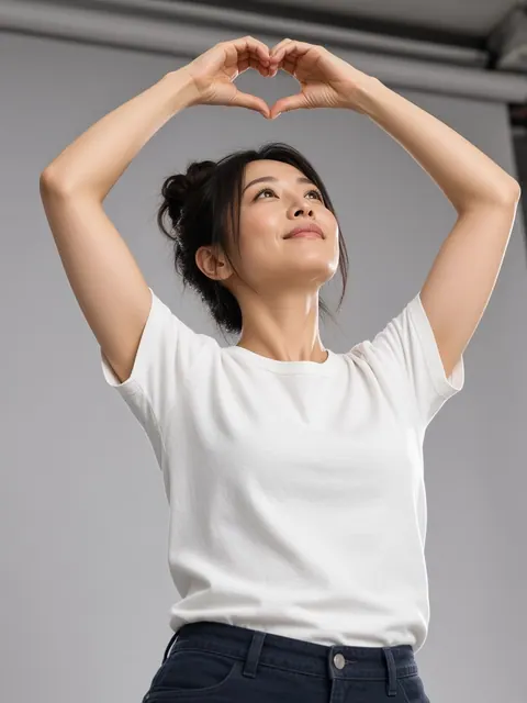 头顶双臂比心（仰视）真人参考照片