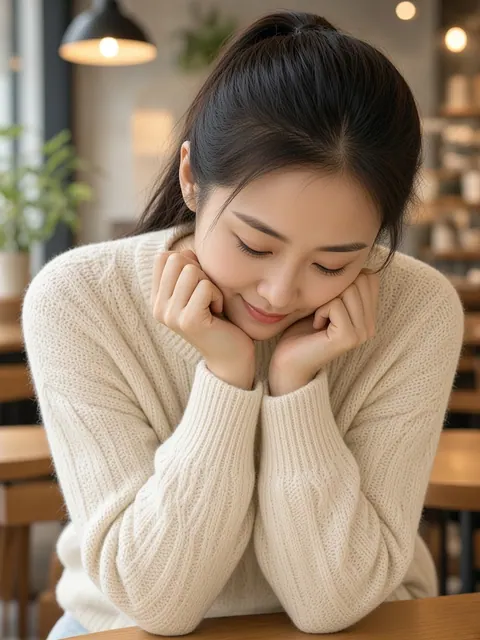 握拳贴脸颊（装可爱）（俯视）真人参考照片